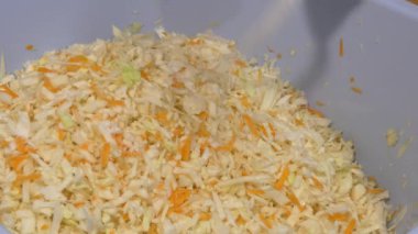 Vejetaryenlik. Basit bir yemek. Ev konservesi. Kadın turşusu ince doğranmış lahana. Kapat..