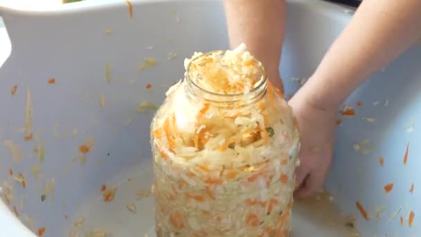Vegetarianism Simple Meal Home Canning Woman Puts Glass Jar Rammed — Stock Video
