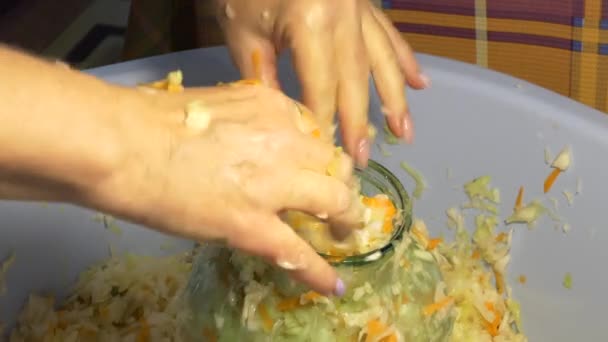 Vegetarianism Simple Meal Home Canning Woman Puts Glass Jar Rammed — Stock Video