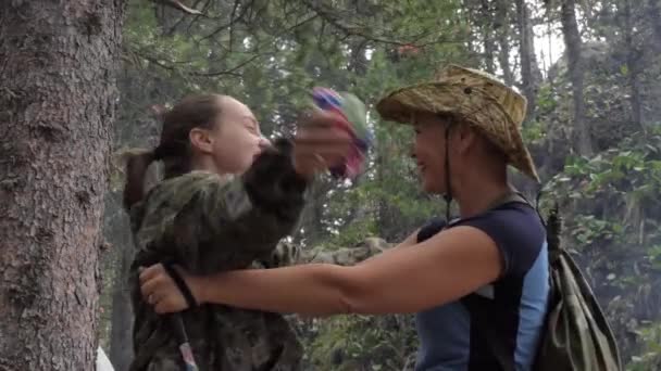 Women Laugh Happy Women Meet Hug Returning Hiking — Stock Video