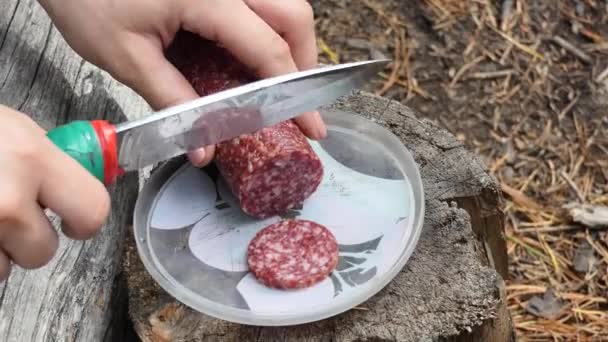 Uma Refeição Simples Jantar Uma Jovem Corta Uma Salsicha Salame — Vídeo de Stock