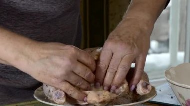 Noel zamanı. Yeni yıl. Basit bir yemek. Kadın fırında pişirmeden önce elmalı tavuk doldurmuş. Kapat..