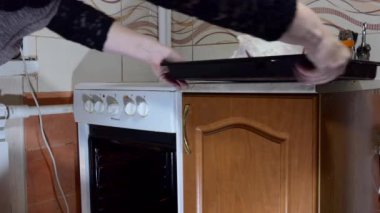 Noel zamanı. Yeni yıl. Basit bir yemek. Kadın tavuğu kızartma için fırına koyuyor..