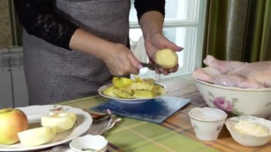 Noel zamanı. Yeni yıl. Basit bir yemek. Bir kadın tatil tavuğunu doldurduğu için elma soyuyor..