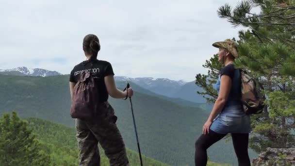 Girlfriends Same Sex関係 幸せな女性は 崖の近くに立って山の風景に感心する シベリアでのハイキング — ストック動画