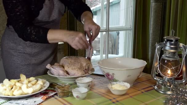 Kerstmis Nieuwjaar Eenvoudige Maaltijd Vrouw Wrijft Kruiden Kip Voor Het — Stockvideo