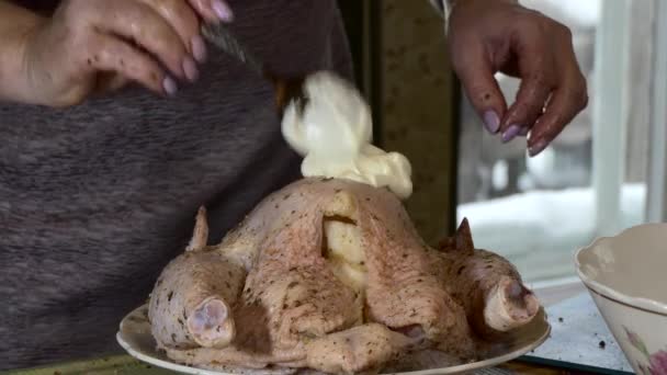 Weihnachten Neujahr Einfache Mahlzeit Frau Buttert Huhn Mit Mayonnaise Vor — Stockvideo
