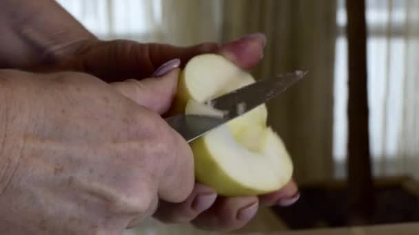 圣诞节 简单的晚餐 一个女人为了装节日的鸡肉而剥下苹果皮 — 图库视频影像