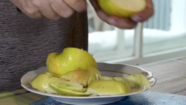 Christmas New Year Simple Meal Woman Cuts Apple Stuffing Festive — Stock Video