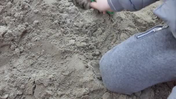 Kinderen Handen Van Een Kind Dat Het Zand Speelt Sluitingsdatum — Stockvideo