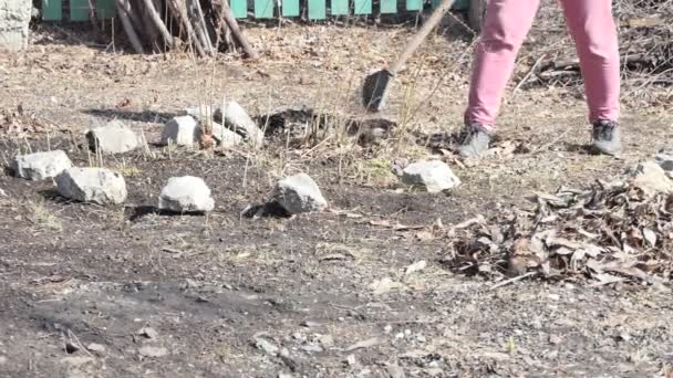 在花园里干活 一个女人在花园里用耙把干枯的老叶堆成一堆 她的脚在翻来覆去地翻来翻去 — 图库视频影像