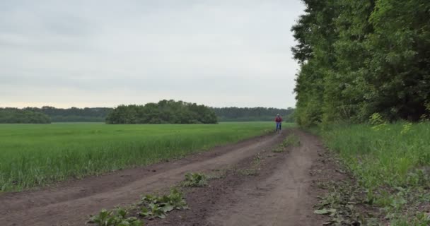 Cyclist Elderly Woman Rides Small Bicycle Field Road — Stock Video