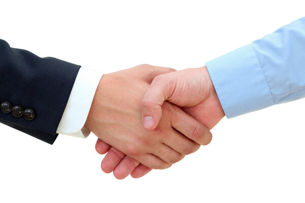 Successful business people shaking hands  on a white background