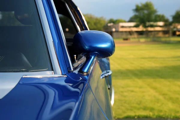 Retro vintage blue car on a summer day. Car mirror — Stock Photo, Image