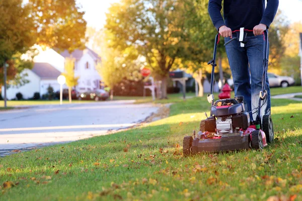 Cortando Hierba Con Una Cortadora Césped Otoño Soleado Jardinero Corta —  Fotos de Stock