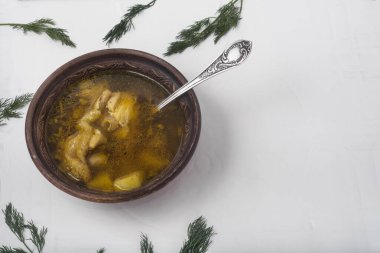 Et dolu bir tabak, yeşillikli beyaz arka planda yağlı çorba. Sıcak, lezzetli köy yemeği.