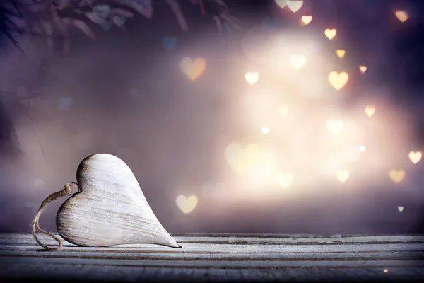 Lonely Heart With Lights - Shabby and Wooden Material — Stock Photo, Image
