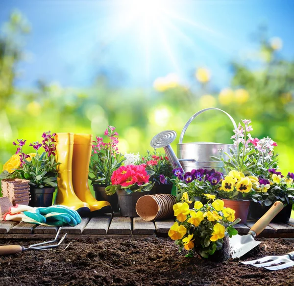 Jardinería - Equipo para jardinero con macetas — Foto de Stock