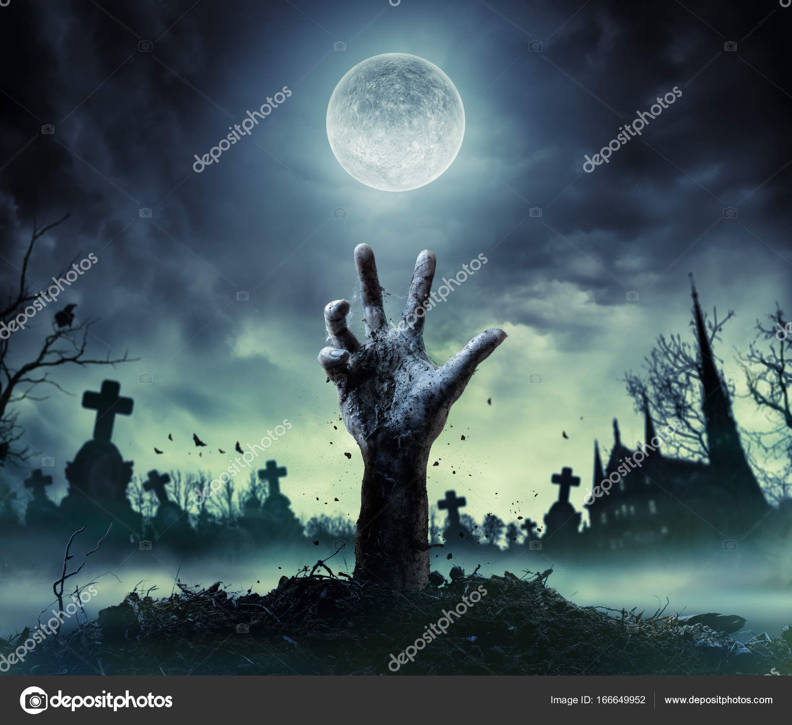Zombie mano levantándose de un cementerio — Foto de stock #166649952 ...