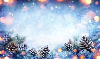 Noel kartı - karlı köknar dalı çam kozalakları ve ışıklar ile