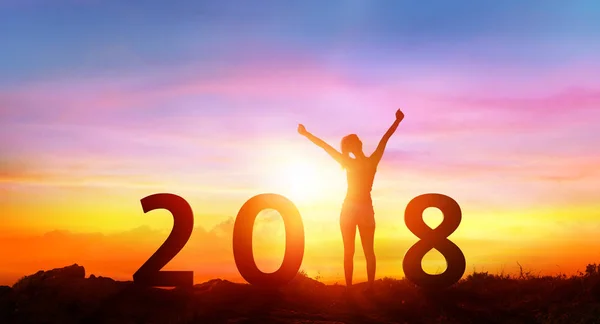 Happy new year 2018 - Happy Girl With Numbers At Sunrise — Stock Photo, Image