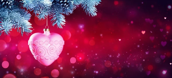 Heart Bauble Hanging Fir Branches Red Shiny Background — Stock Photo, Image