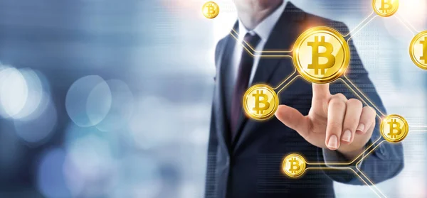 Bitcoin Concept Businessman Push Cryptocurrency — Stock Photo, Image