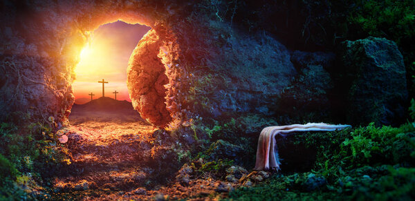 Crucifixion At Sunrise - Empty Tomb With Shroud - Resurrection Of Jesus Christ
