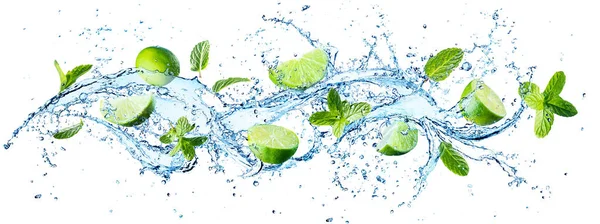 Salpicadura Agua Con Hojas Menta Rodajas Cal — Foto de Stock