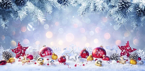 Christmas Red Golden Baubles Snow Fir Branches — Stock Photo, Image