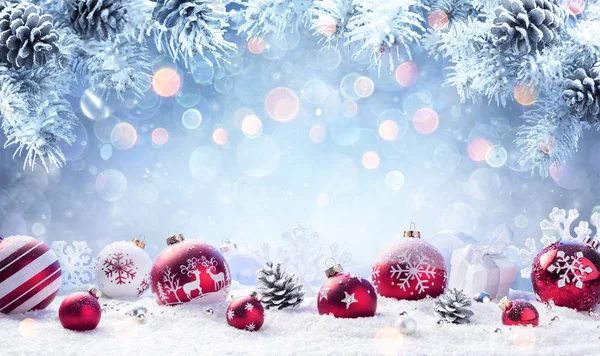 Christmas Red Baubles Snow Fir Branches — Stock Photo, Image