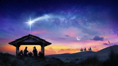 Nativity Of Jesus Scene With The Holy Family With Comet At Sunrise clipart