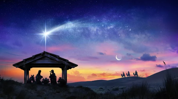 Presepe Gesù Con Santa Famiglia Con Cometa All Alba — Foto Stock