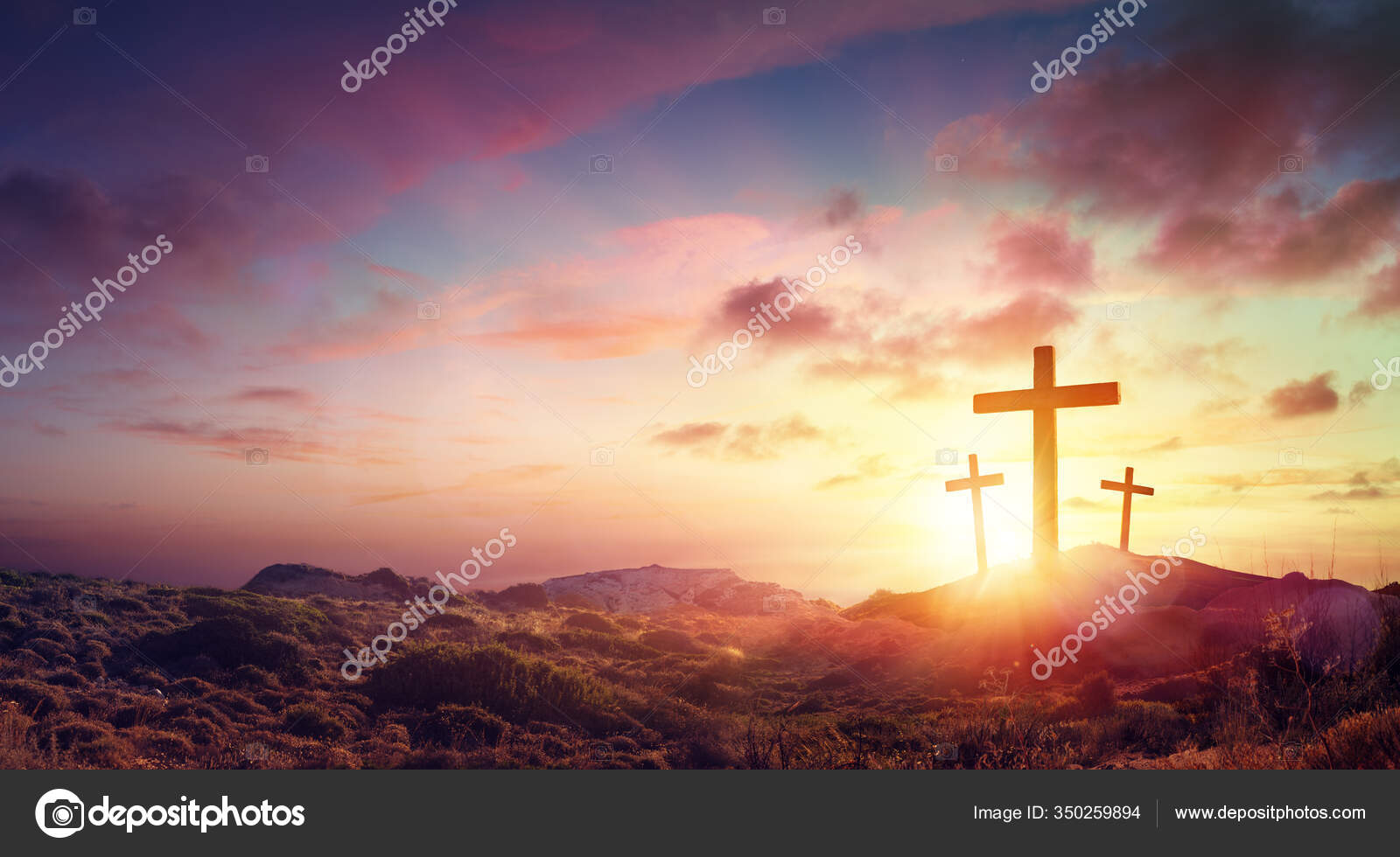 Crucifixion Jesus Christ Three Crosses Hill Sunset Stock Photo by ...