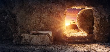 Tomb Empty With Shroud And Crucifixion At Sunrise Resurrection Of Jesus Christ clipart