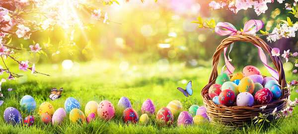 Oeufs Peints Pâques Dans Panier Sur Herbe Dans Verger Ensoleillé — Photo