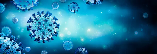 Coronavirus Δομή Πλήρεις Αναπαραστάσεις Πρωτεϊνών Επιφάνειας Μπλε Φόντο Απόδοση — Φωτογραφία Αρχείου