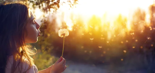 夕暮れ時にタンポポの花を吹いている女の子 — ストック写真
