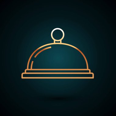 Koyu mavi arka planda izole edilmiş bir tepsi yemek ikonu ile kaplanmış altın çizgisi. Tepsi ve kapak işareti. Kapaklı bir restoran saati. Mutfak eşyaları sembolü. Vektör İllüstrasyonu