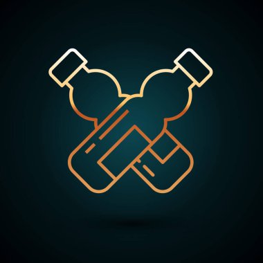 Altın çizgili şişe ikonu koyu mavi arka planda izole edilmiş. Soda su içme tabelası. Vektör İllüstrasyonu