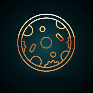 Altın çizgili Pizza simgesi koyu mavi arkaplanda izole edilmiş. Fast food menüsü. Vektör İllüstrasyonu