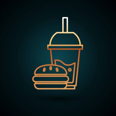 Koyu mavi arka planda saman ve burger ikonu içen altın çizgili kağıt bardak. Soda su içme tabelası. Hamburger, çizburger sandviçi. Vektör İllüstrasyonu