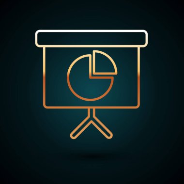 Grafik, çizelge, grafik, diyagram, bilgi grafiği ve koyu mavi arkaplanda izole edilmiş turta grafik ikonu içeren altın çizgisi sunum finans kurulu. Vektör İllüstrasyonu