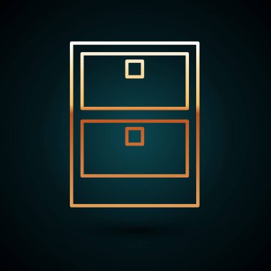 Koyu mavi arkaplanda altın çizgili kağıt çekmece simgesi var. İçinde belgeler olan çekmece. Dosya dolabı çekmecesi. Ofis mobilyası. Vektör İllüstrasyonu