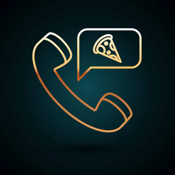 Linea Oro Cibo ordinando pizza icona isolata su sfondo blu scuro. Ordina per telefono cellulare. Concetto di consegna cibo ristorante. Illustrazione vettoriale — Vettoriale Stock