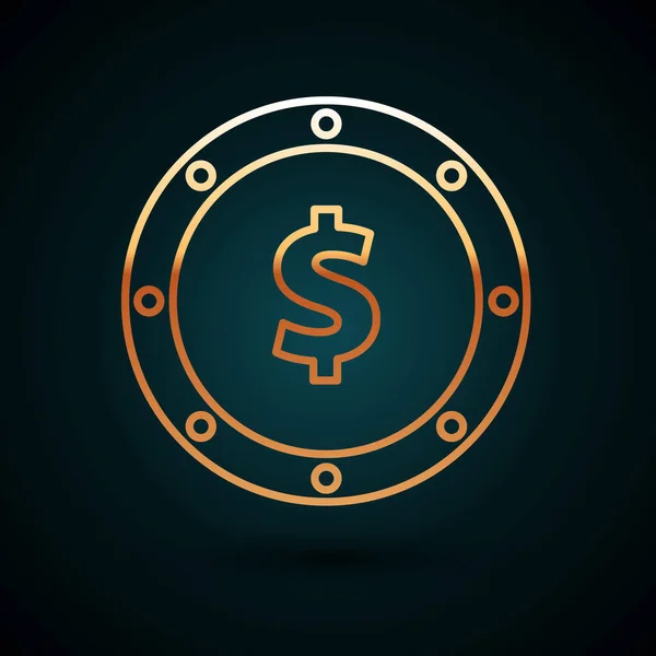 Złota linia Pieniądze na monety z ikoną symbolu dolara na ciemnoniebieskim tle. Znak waluty bankowej. Symbol gotówki. Ilustracja wektora — Wektor stockowy