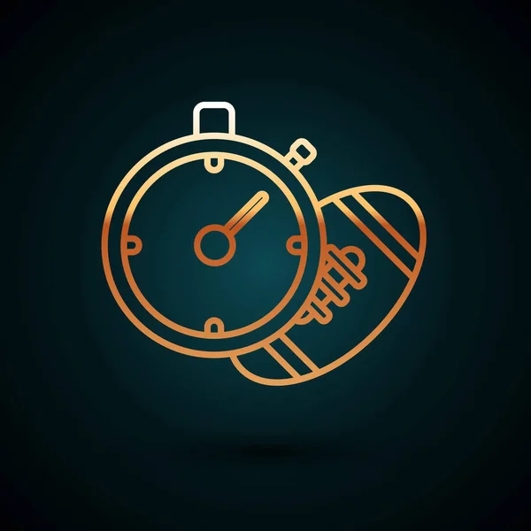 Línea de oro pelota de fútbol americano y cronómetro icono aislado sobre fondo azul oscuro. Conjunto de equipamiento deportivo. Ilustración vectorial — Vector de stock