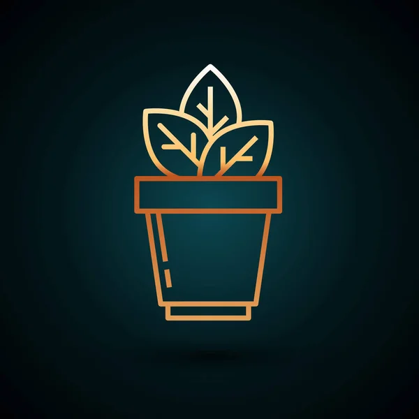 Linha de ouro Flores no ícone do pote isolado no fundo azul escuro. Planta crescendo em um pote. Planta em vaso. Ilustração vetorial — Vetor de Stock