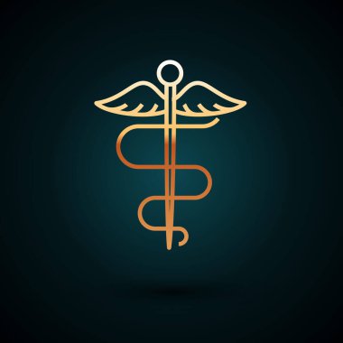 Altın çizgili Caduceus yılan tıbbi sembolü koyu mavi arka planda izole edilmiş. İlaç ve sağlık hizmetleri. Eczane, ilaç, eczane amblemi. Vektör İllüstrasyonu