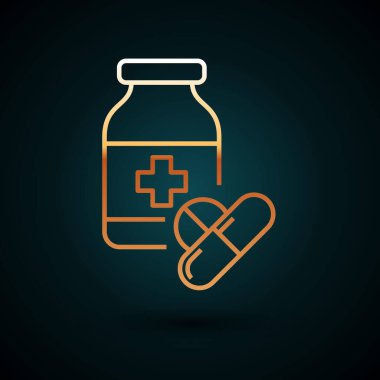 Altın çizgili ilaç şişesi ve koyu mavi arka planda izole edilmiş hap ikonu. Şişe hapı işareti. Eczane tasarımı. Vektör İllüstrasyonu